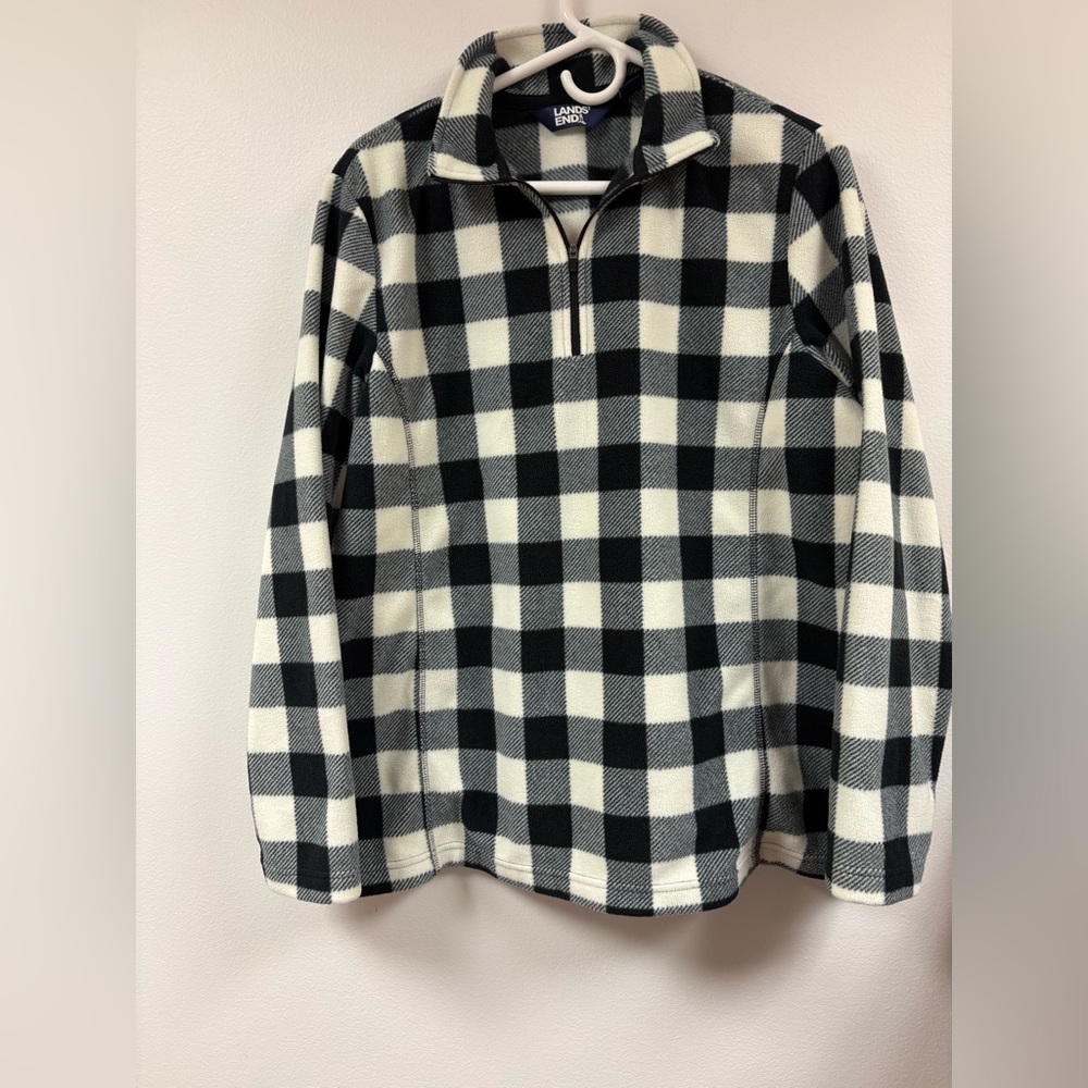 Lands' End Black and White Plaid women’s Fleece 1/4 Zip